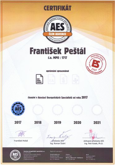 Certifikát Asociace energetických specialistů 